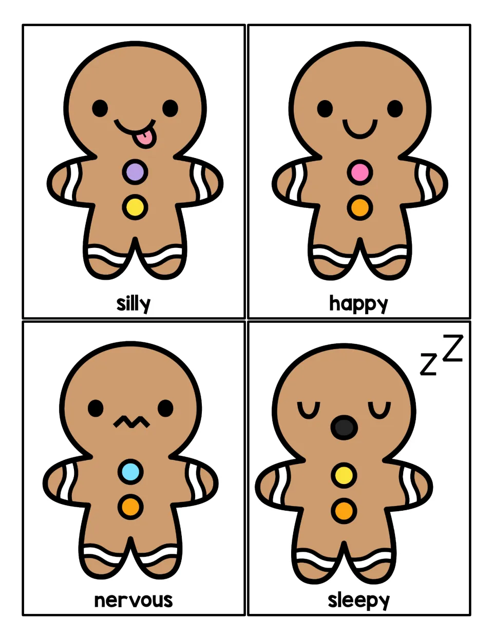 Emotion cards: gingerbread men with silly, happy, nervous and sleepy expressions and word labels for identifying feelings