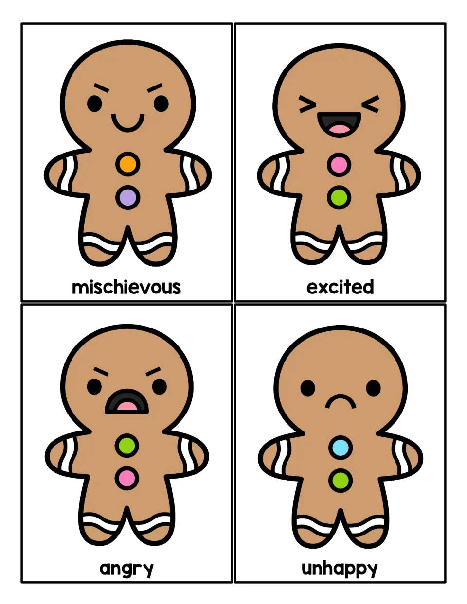 Emotion cards: gingerbread men looking mischievous, excited, angry and unhappy, labeled for recognizing feelings