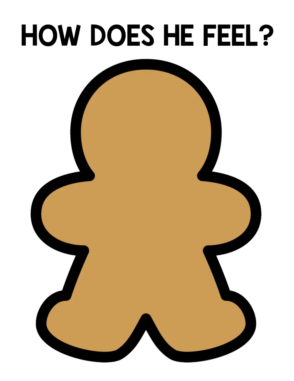 How does he feel? Blank full-body gingerbread man with no face so students add an expression to show an emotion