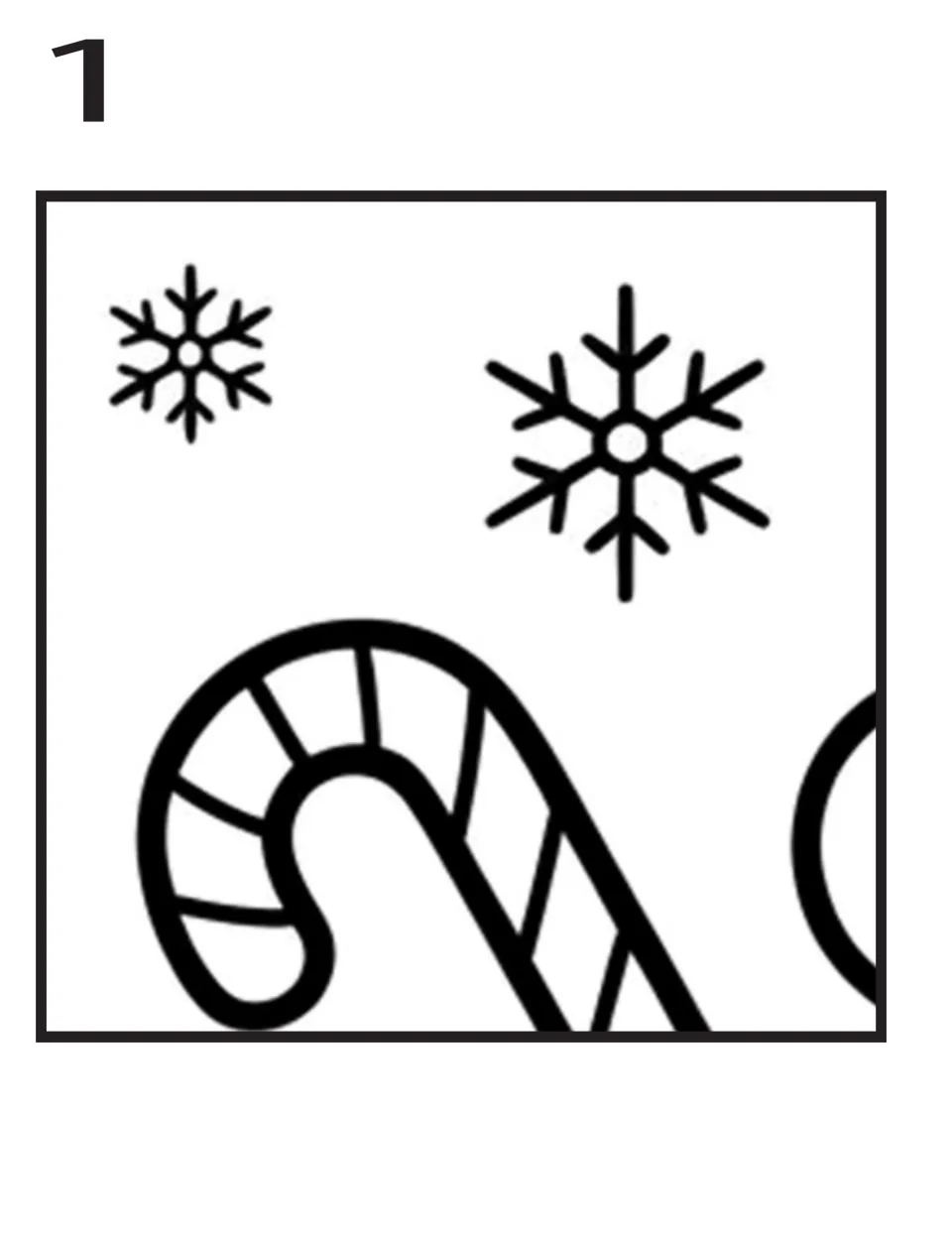 Coloring poster piece 1 of 16: two snowflakes and part of a striped candy cane for the gingerbread house display