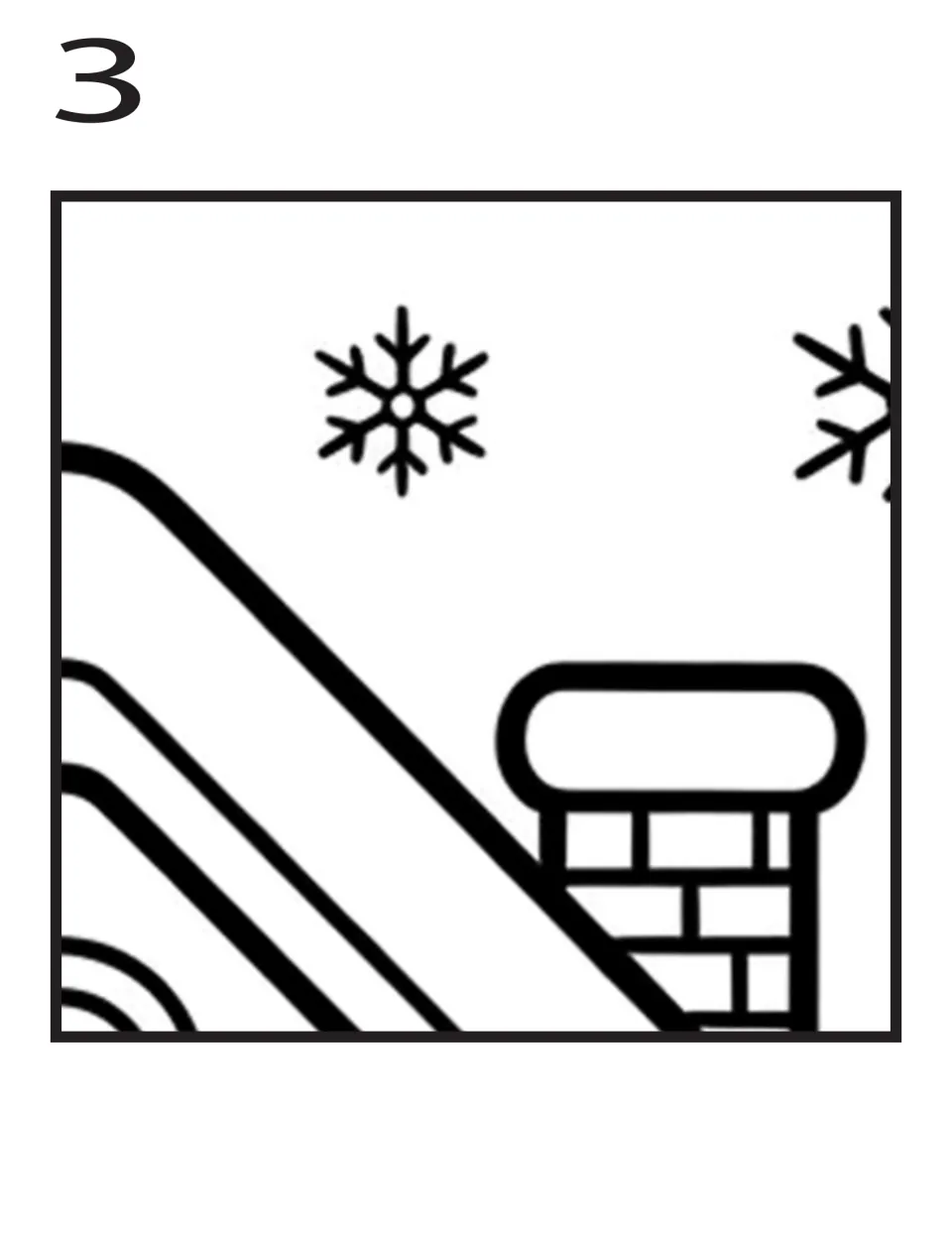 Coloring poster piece 3 of 16: a chimney, sloping roof, and snowflakes for the gingerbread house display