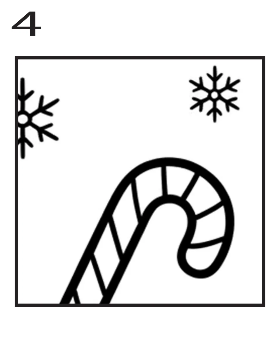Coloring poster piece 4 of 16: a large striped candy cane and snowflakes for the gingerbread house display