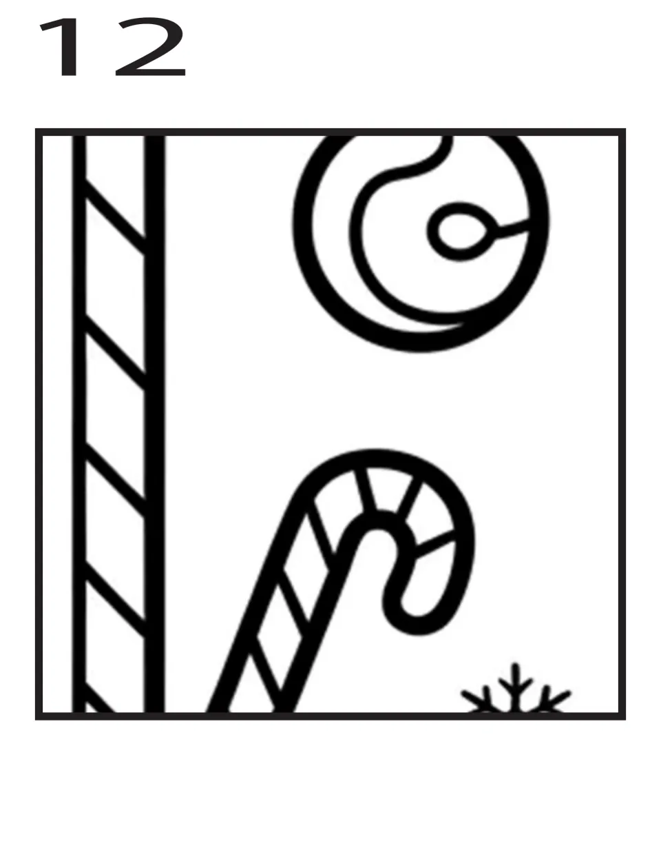 Coloring poster piece 12 of 16: striped house trim, a candy cane, round candy, and part of a snowflake