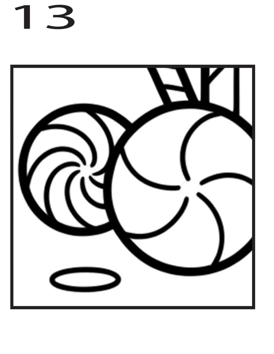 Coloring poster piece 13 of 16: two large swirled candies and an oval beneath the gingerbread house trim