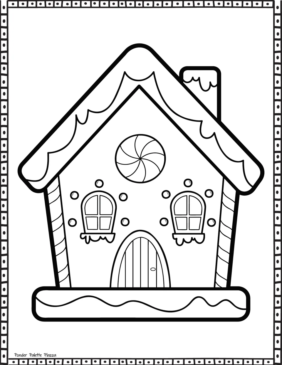 Gingerbread house coloring page featuring an icing-covered roof, a round peppermint, and two windows