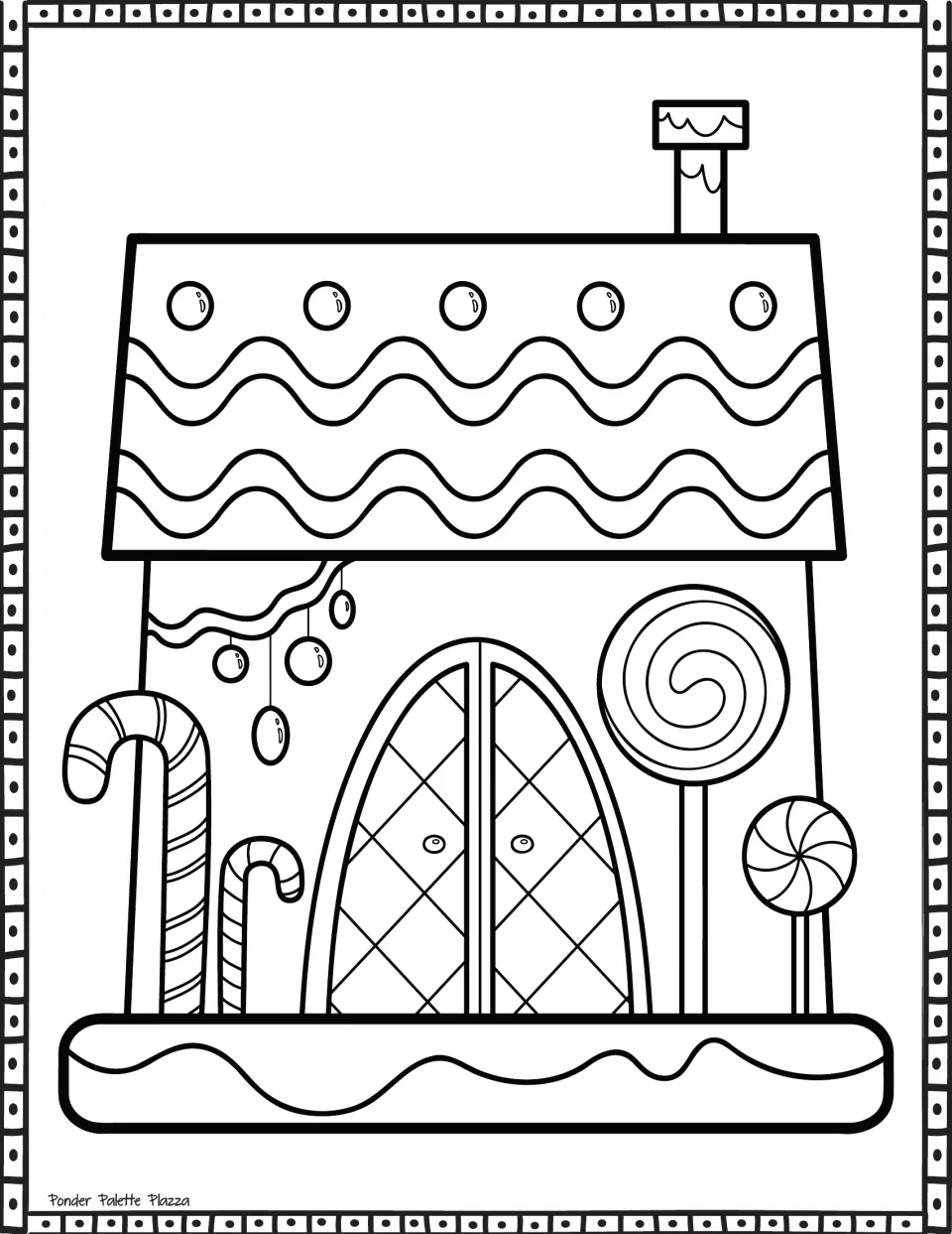 Gingerbread house coloring page featuring a wavy icing roof, candy canes, lollipops, and arched double doors