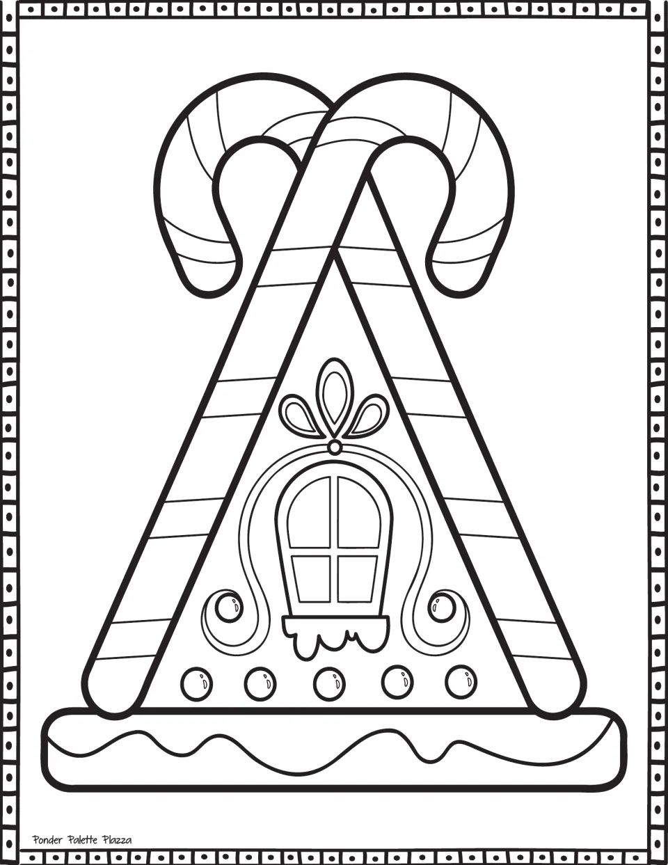 Gingerbread house coloring page featuring a triangular house framed by two candy canes and a central window
