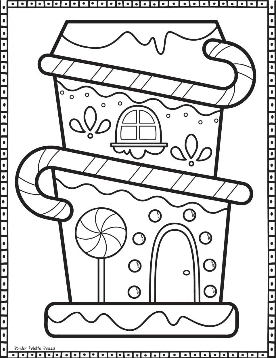 Gingerbread house coloring page featuring a two-story house crossed by candy canes, with a peppermint lollipop