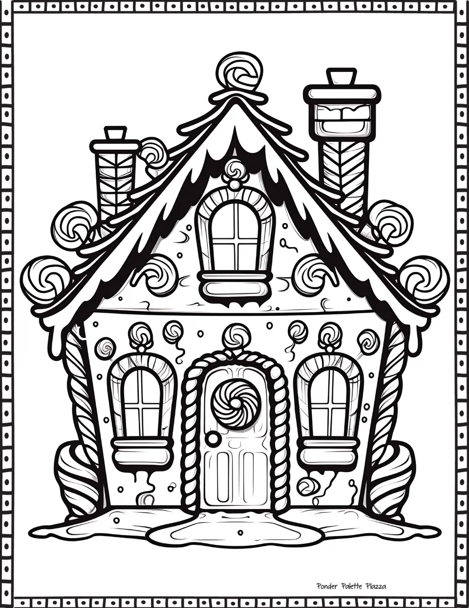 Gingerbread house coloring page featuring two striped chimneys, three windows, and a peppermint on the door
