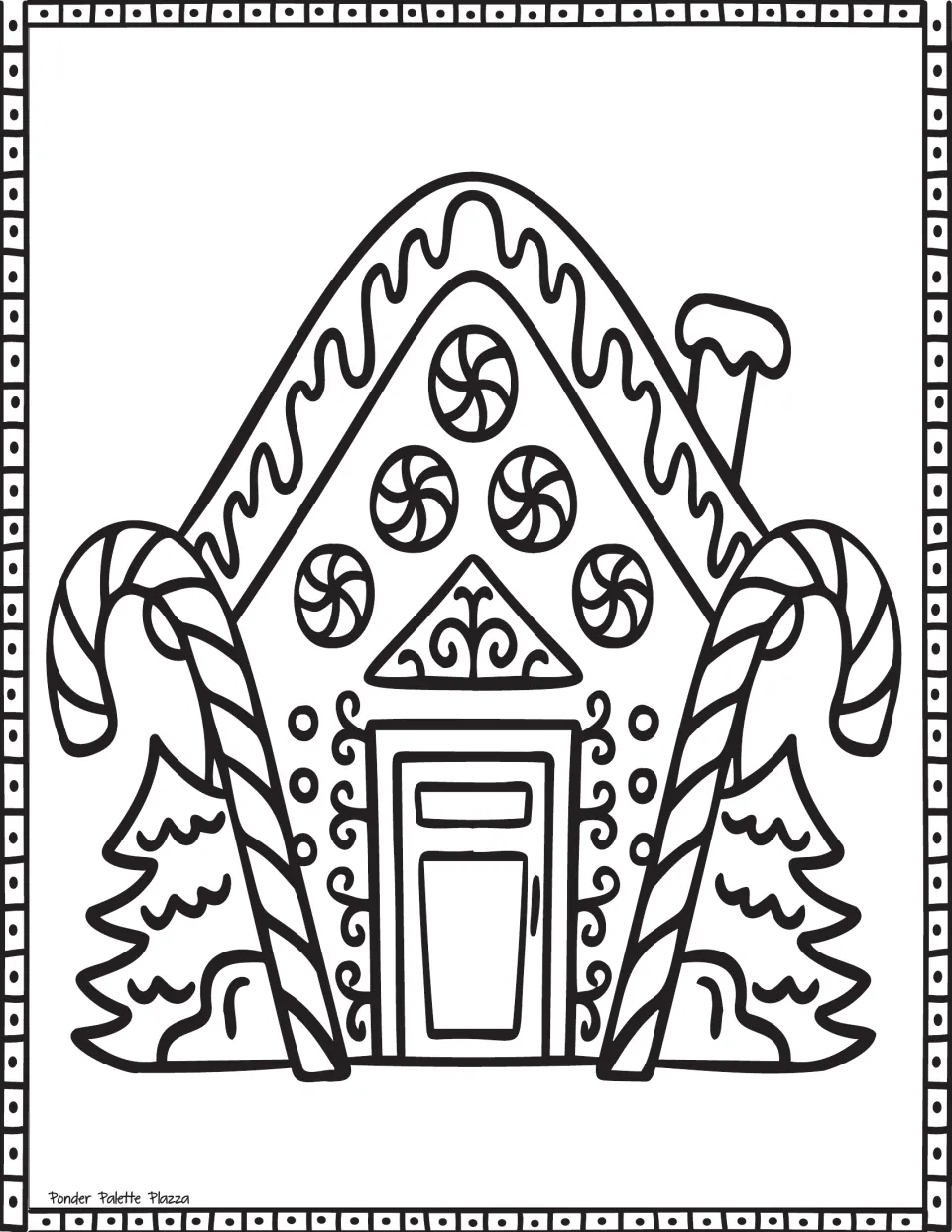 Gingerbread house coloring page featuring five peppermints, two large candy canes, and trees beside the house