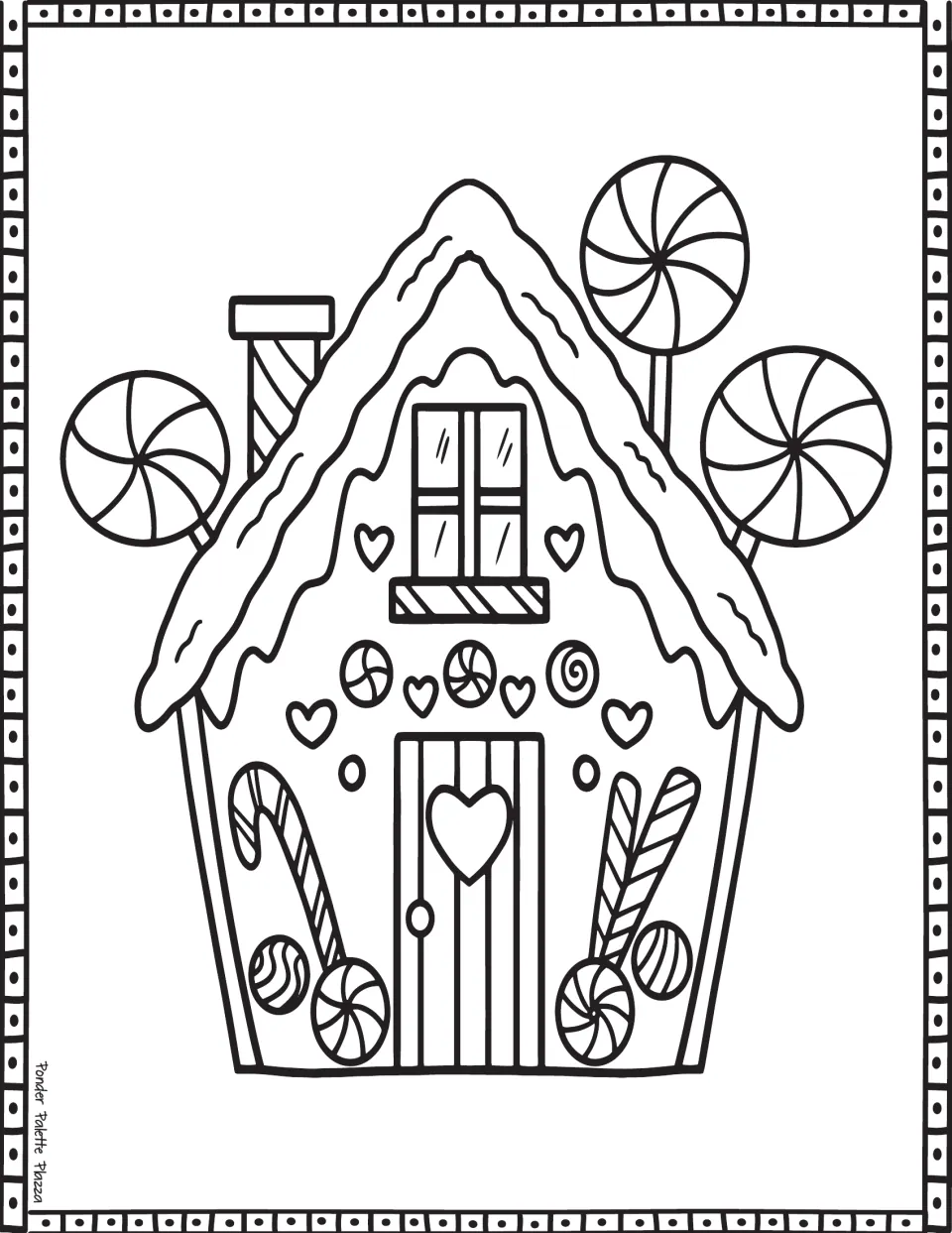 Gingerbread house coloring page featuring a heart on the door, an icing-covered roof, and three large lollipops