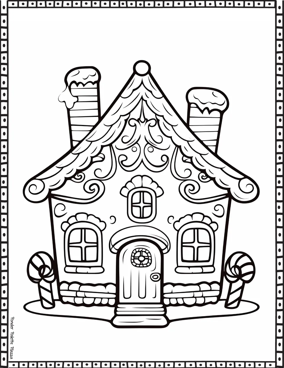 Gingerbread house coloring page featuring a curled roof, two icing-topped chimneys, and steps to the front door