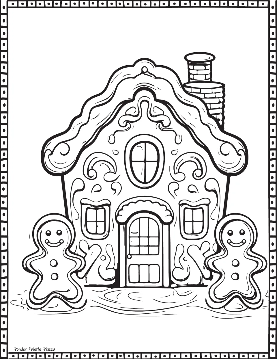 Gingerbread house coloring page featuring a curved icing roof, an oval window, and two gingerbread people