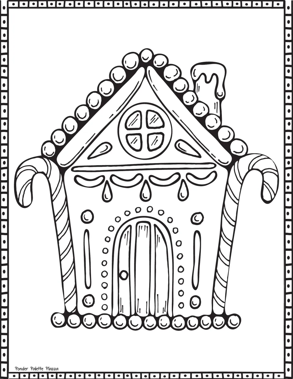 Gingerbread house coloring page featuring candy cane sides, a round upper window, and an arched door