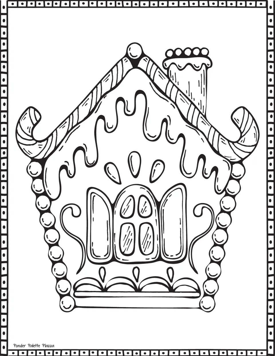 Gingerbread house coloring page featuring curled candy roof ends, dripping icing, and an open shuttered window