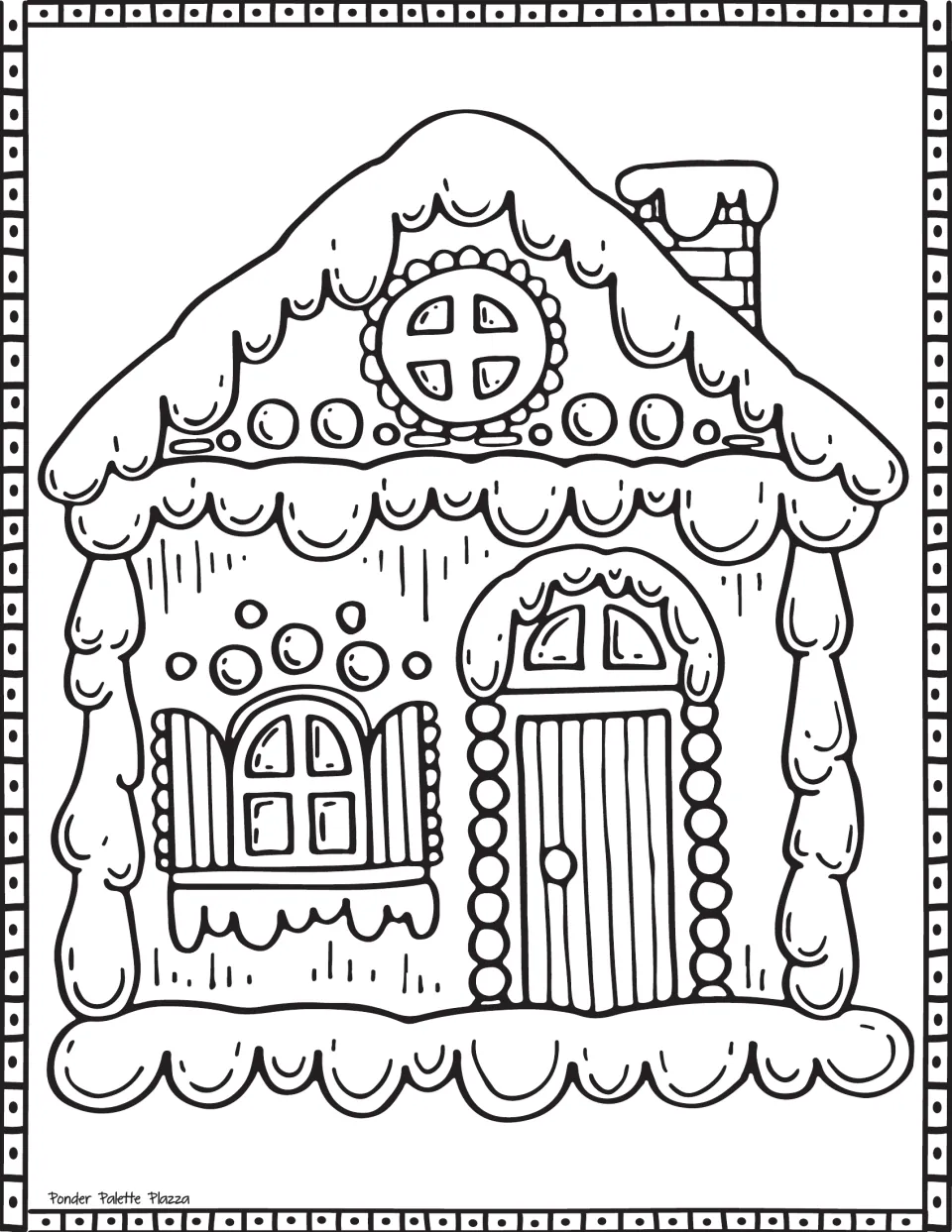 Gingerbread house coloring page featuring a thick icing roof, a shuttered window, and a candy-trimmed door