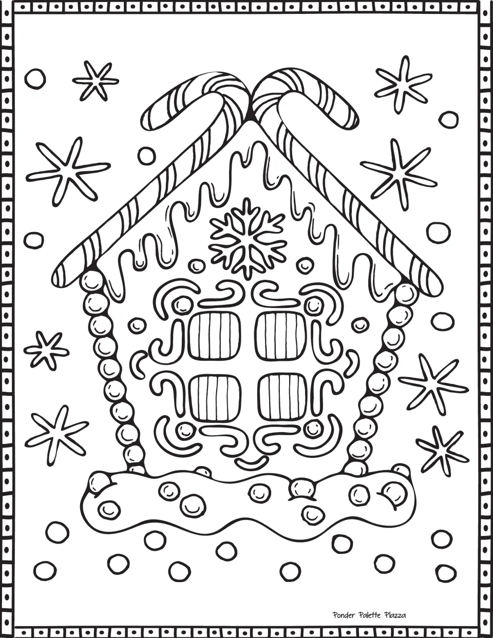 Gingerbread house coloring page featuring crossed candy canes at the roof peak and a snowflake above four panes