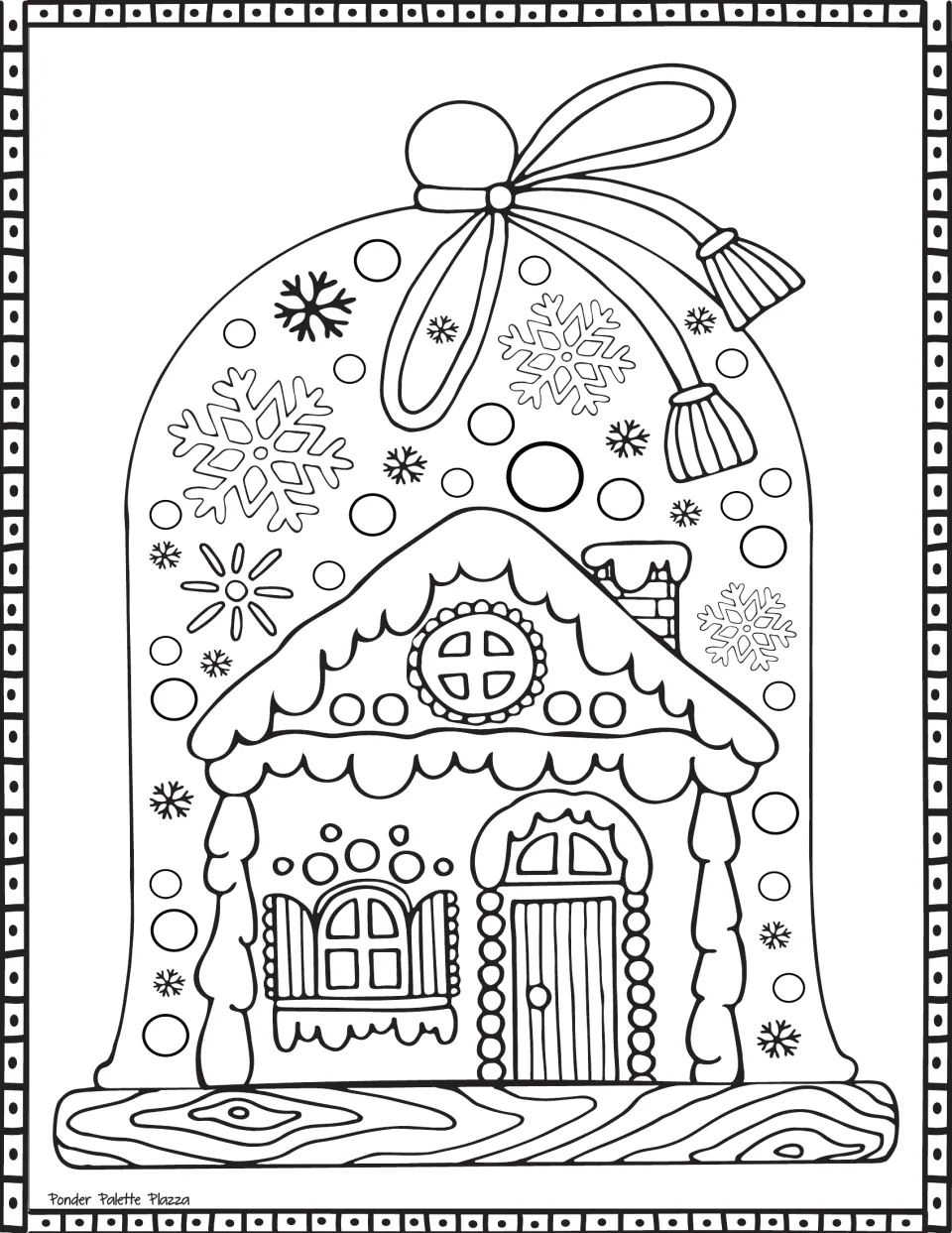 Gingerbread house coloring page featuring a house under a ribbon-topped glass dome filled with snowflakes