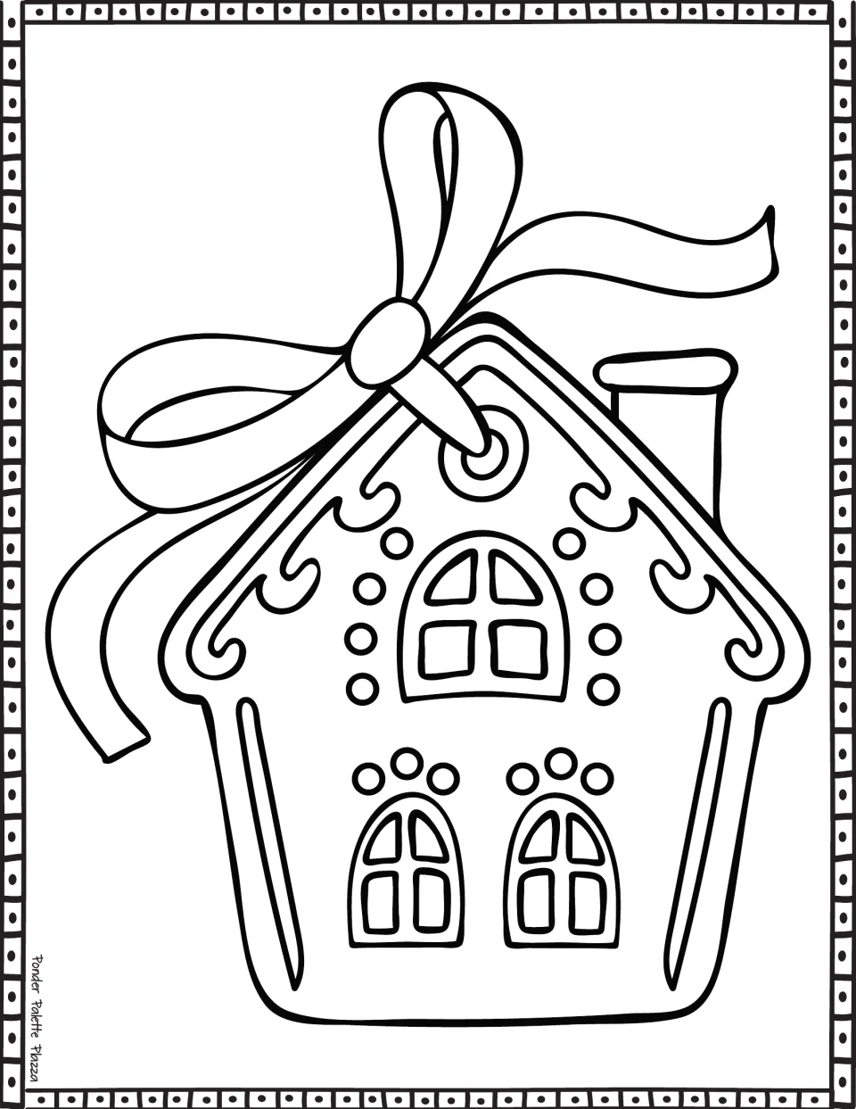 Gingerbread house coloring page featuring a house-shaped ornament with a large ribbon bow and three windows