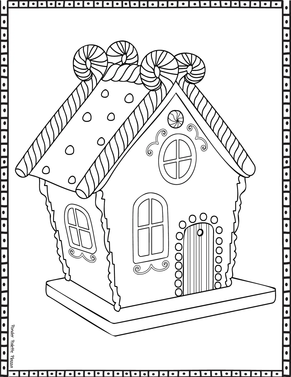 Gingerbread house coloring page featuring a front-and-side view, candy cane roof trim, and a candy-edged door