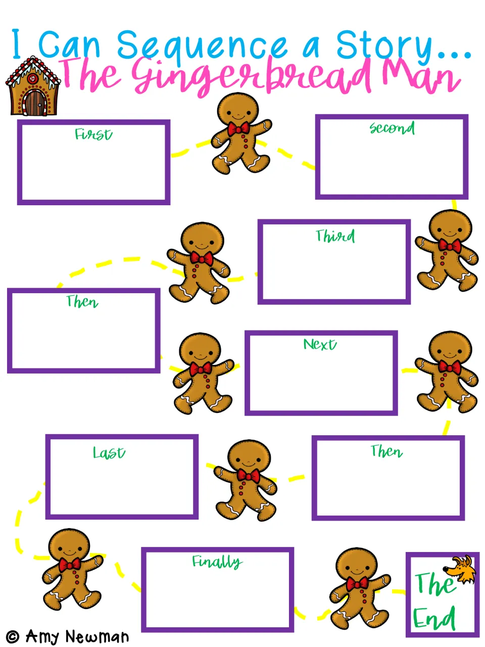 I Can Sequence a Story: The Gingerbread Man chart with First to Finally labels and The End, joined by a cookie path