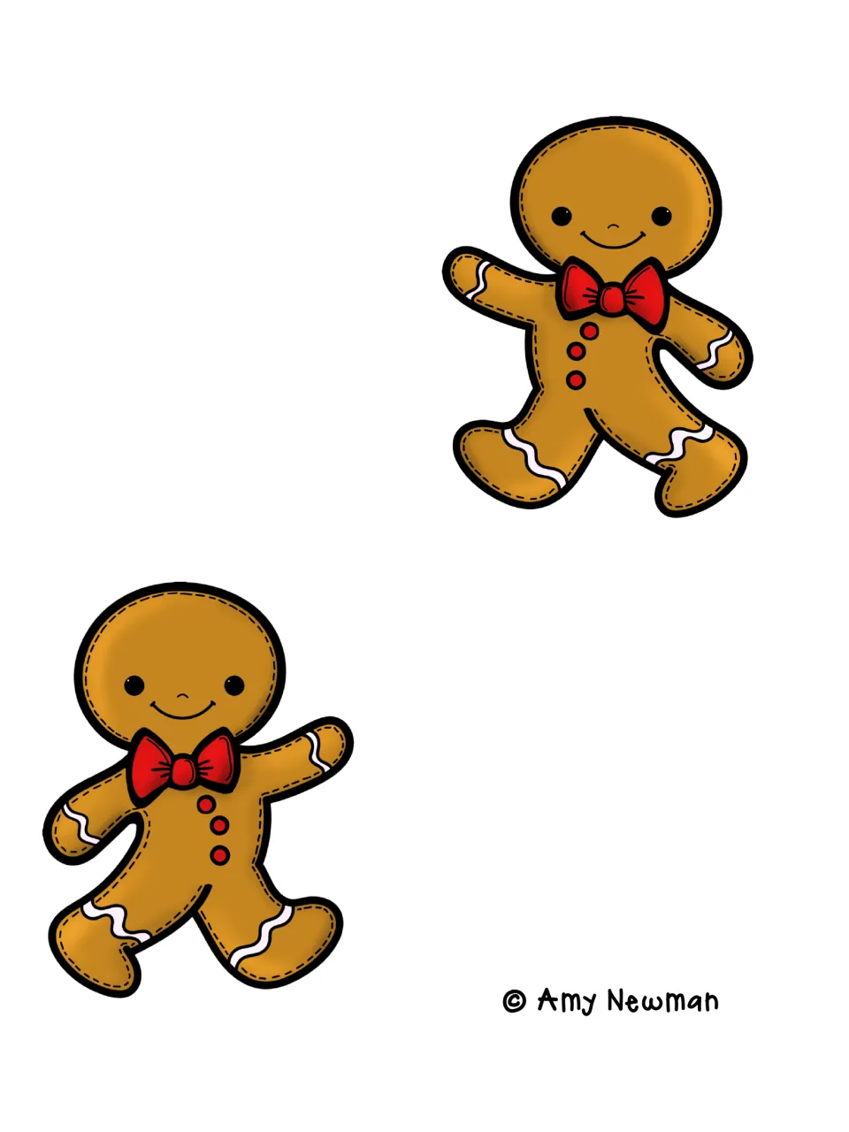 Two smiling gingerbread man cut-outs with red bow ties and icing trim, to place between sequence labels on the story chart