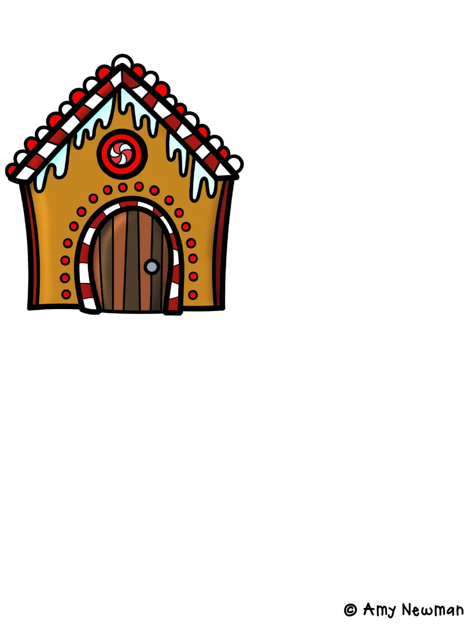 Gingerbread house cut-out with candy cane trim, peppermint window and arched door, marking the start of the story chart