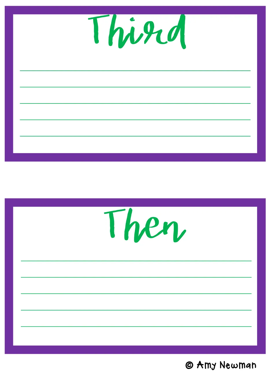 Middle-of-story sequencing cards labeled Third and Then, where students write the next events in order