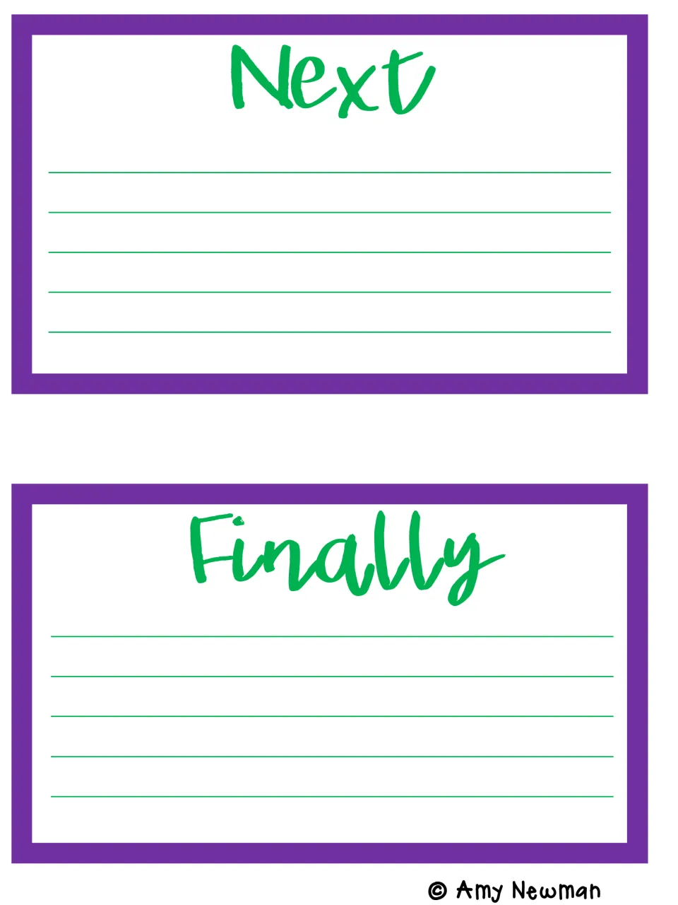 Story sequencing cards labeled Next and Finally, where students retell later events and how the tale ends