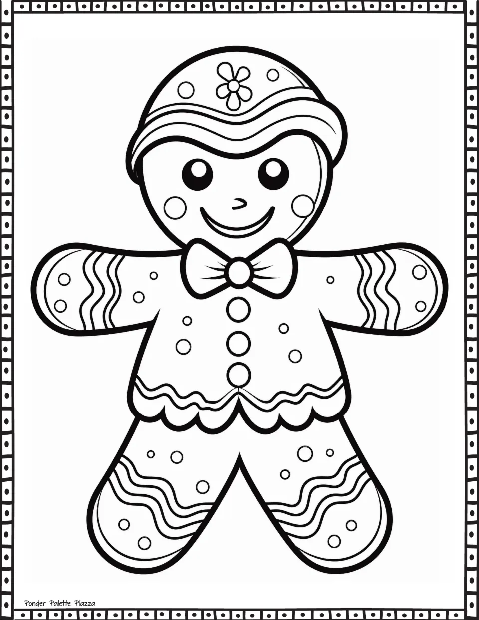 Gingerbread coloring page featuring a smiling character with a flower on its hat, a bow tie, and buttons