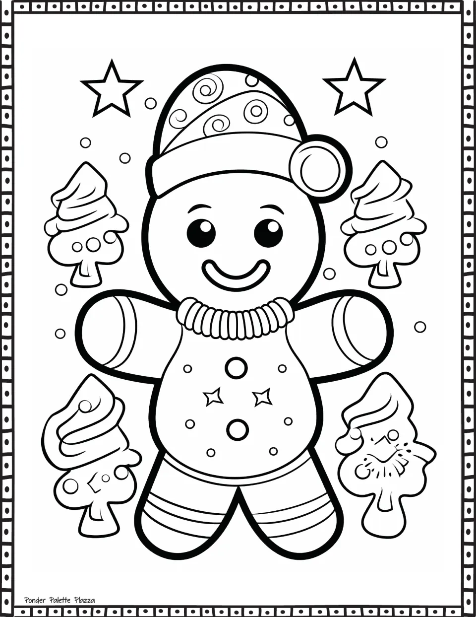 Gingerbread coloring page featuring a character in a pom-pom hat surrounded by four trees and two stars