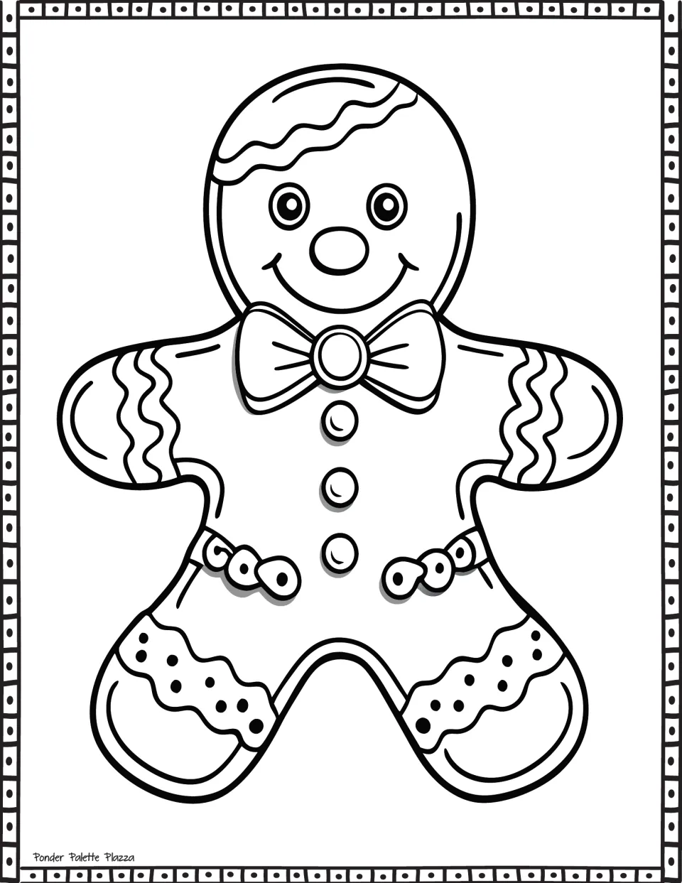 Gingerbread coloring page featuring a smiling character with a large bow tie, three buttons, and icing