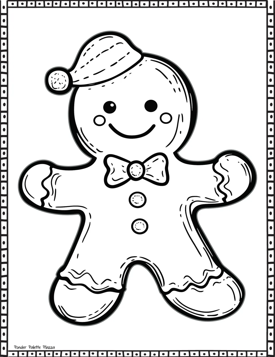 Gingerbread coloring page featuring a smiling character wearing a floppy pom-pom hat and a small bow tie