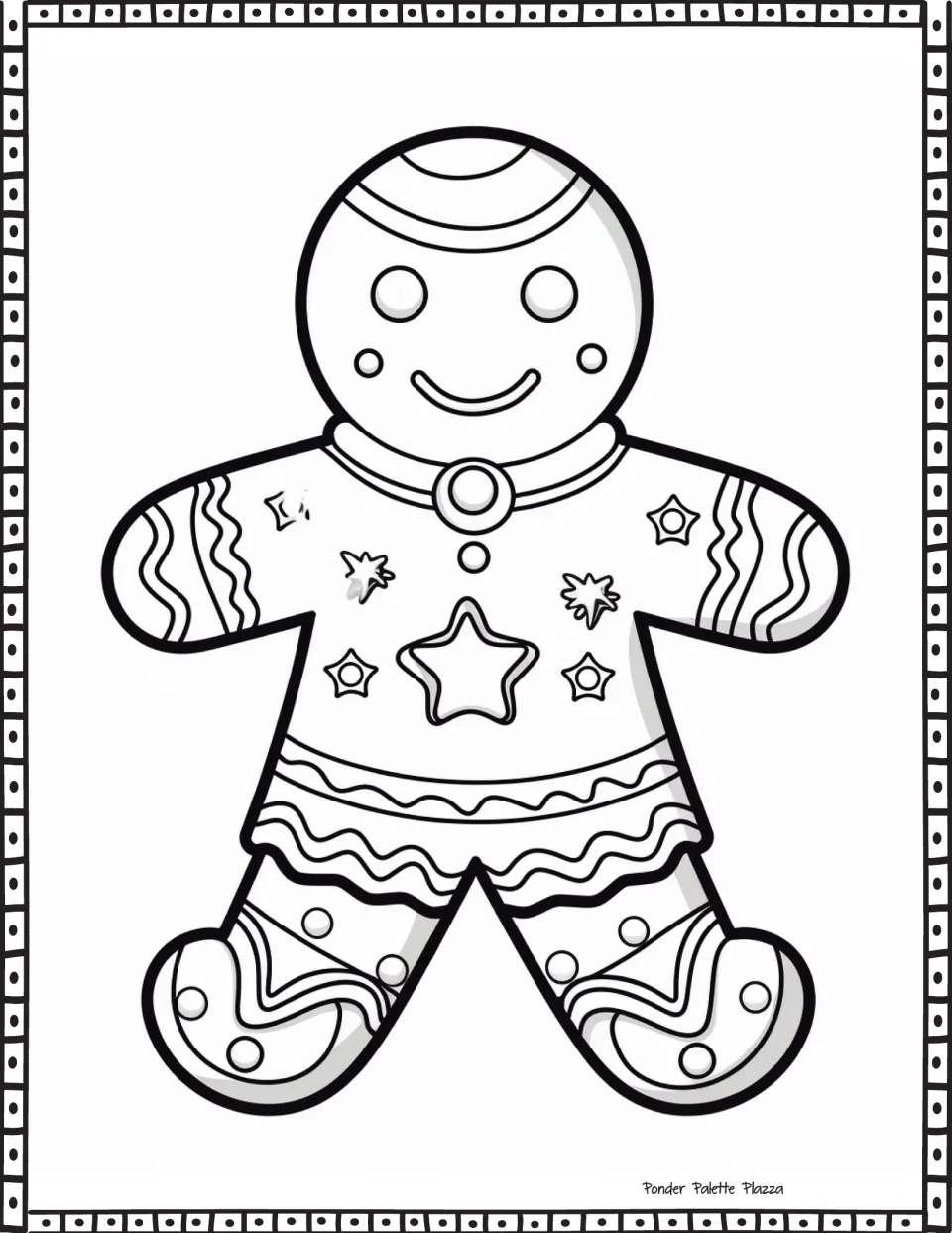 Gingerbread coloring page featuring a character with a large star on its middle and wavy icing decorations