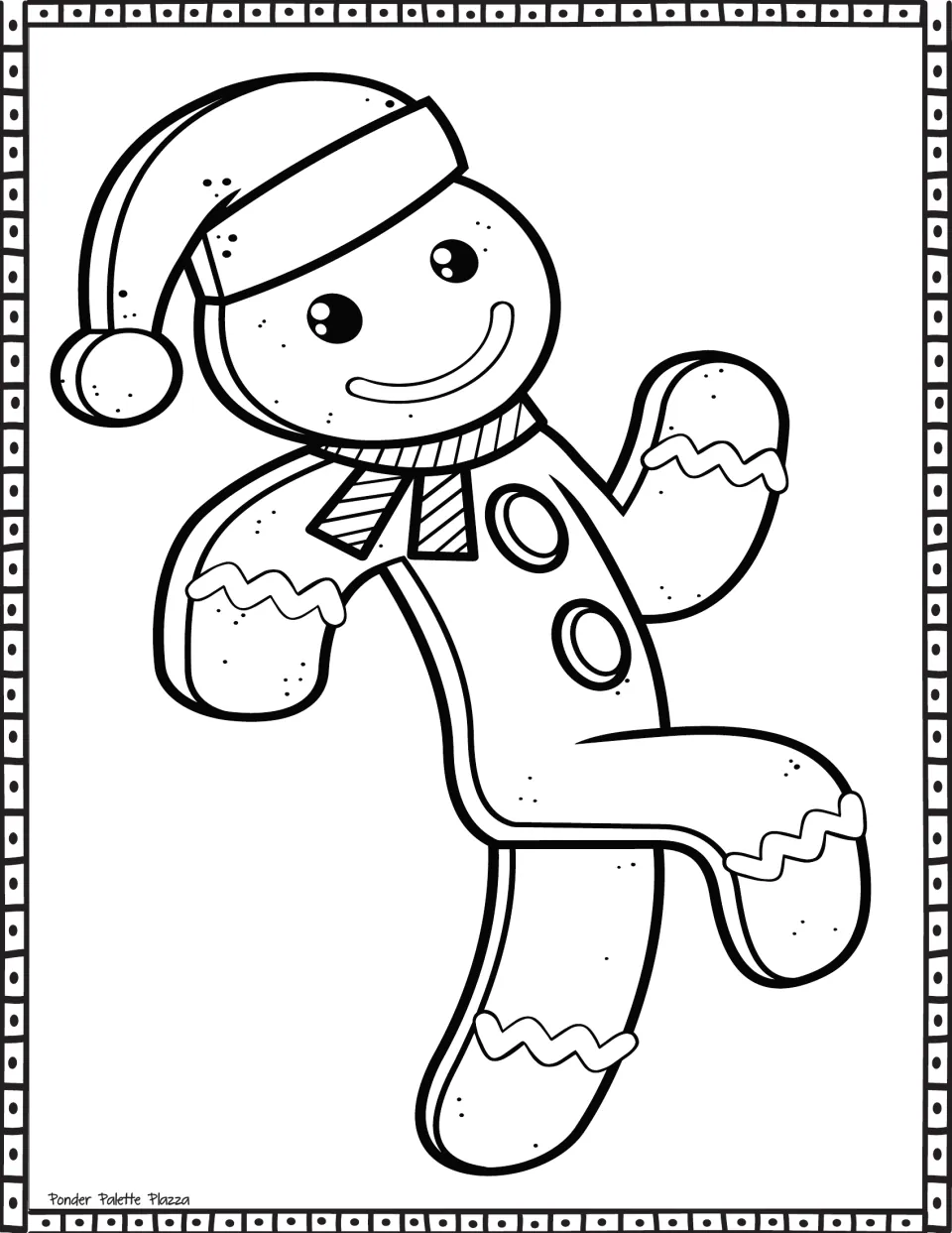 Gingerbread coloring page featuring a character in a Santa hat and striped scarf, posed with one leg raised