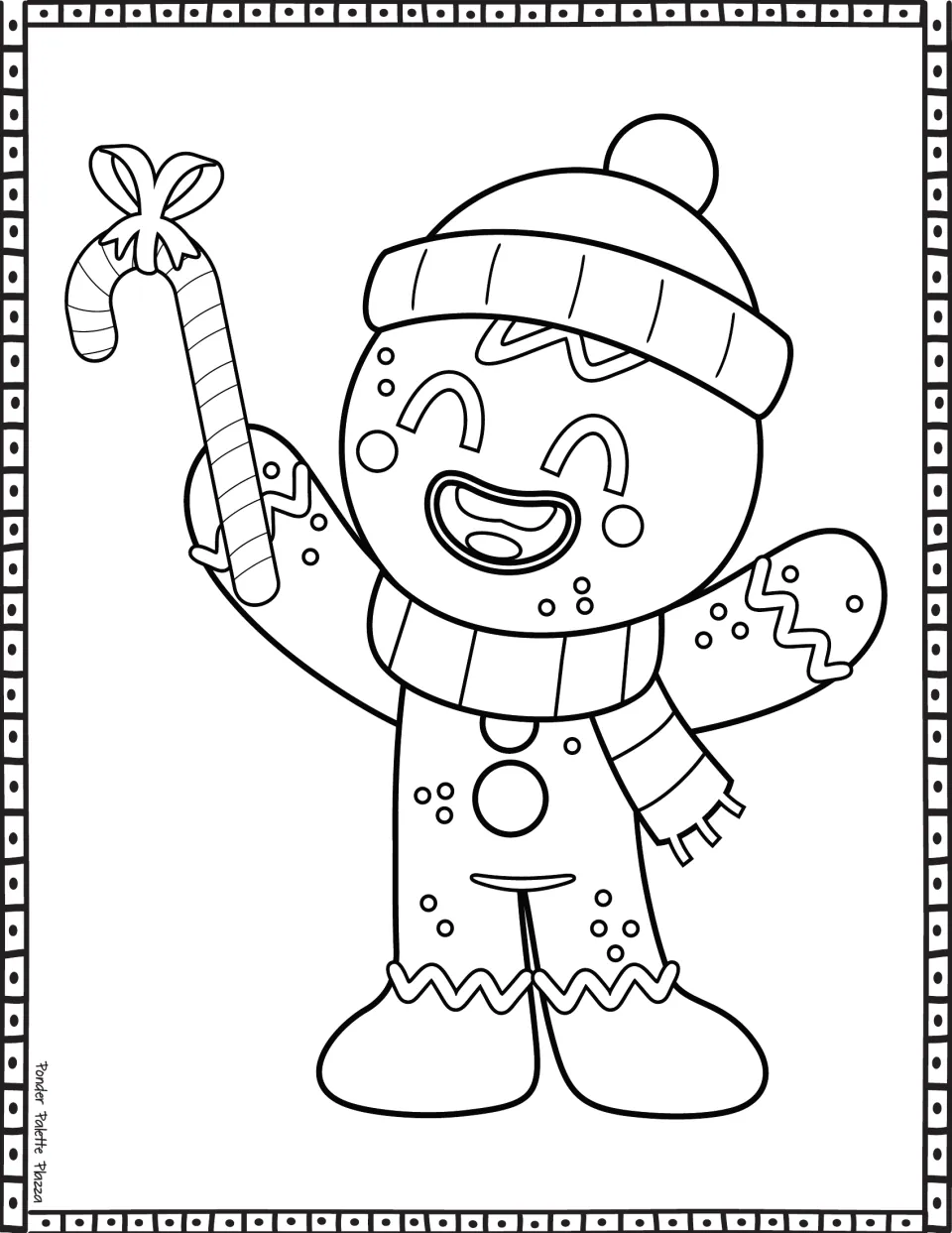 Gingerbread coloring page featuring a character in a winter hat and scarf holding a candy cane with a bow