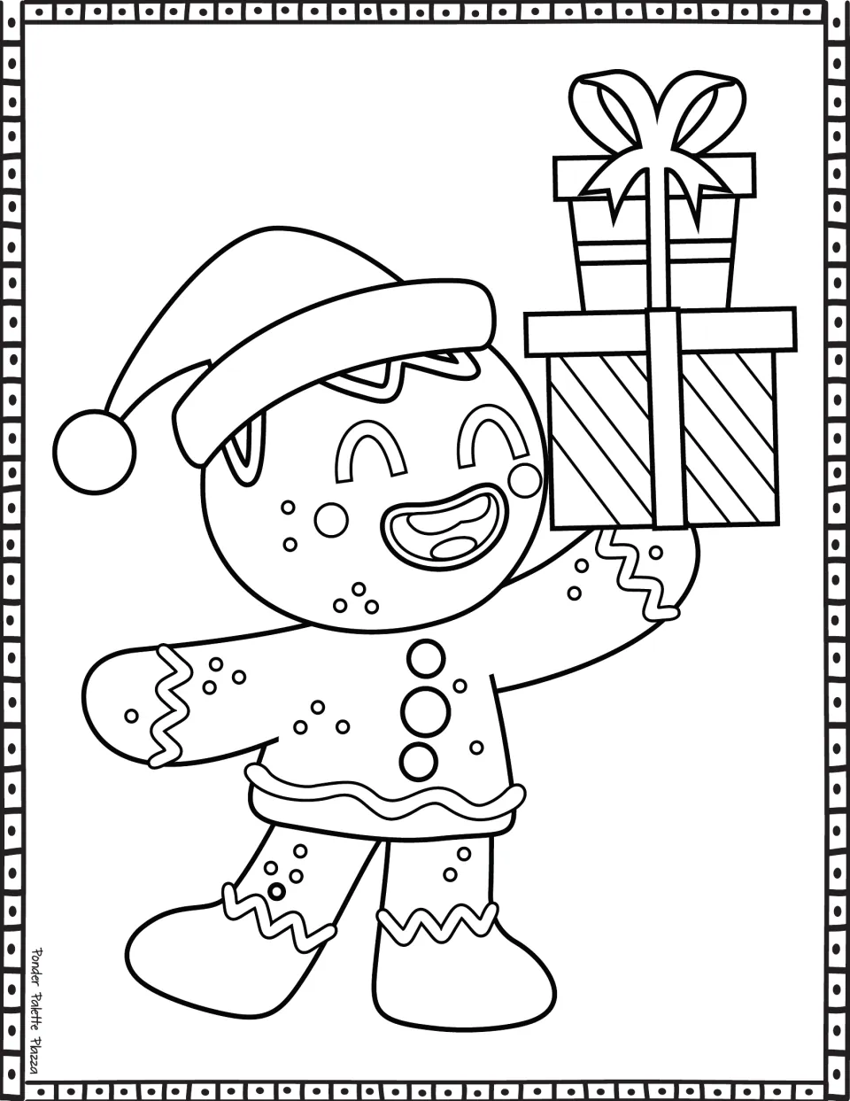 Gingerbread coloring page featuring a smiling character in a Santa hat holding two stacked wrapped gifts