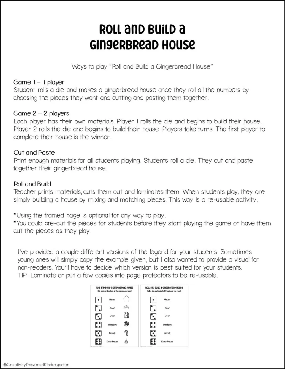 Roll and Build a Gingerbread House directions: four ways to play, solo or 2-player, cut and paste or laminated reuse