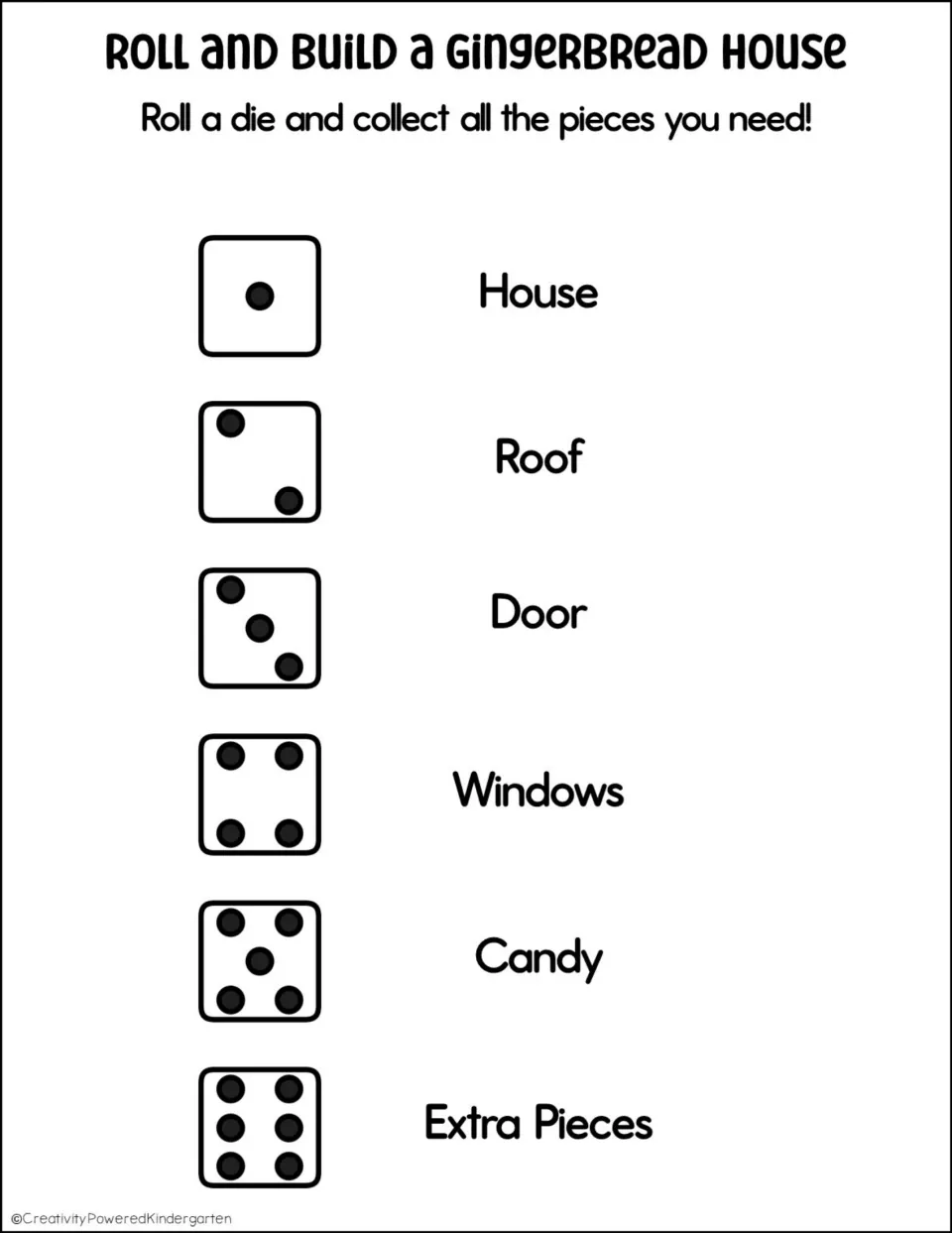 Dice legend, text only: roll 1 house, 2 roof, 3 door, 4 windows, 5 candy, 6 extra pieces to collect house parts