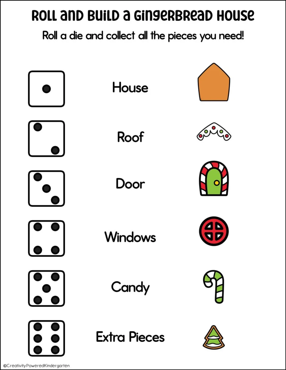 Picture dice legend: each die number matched to a house part with a picture, such as a candy-cane door and a round window