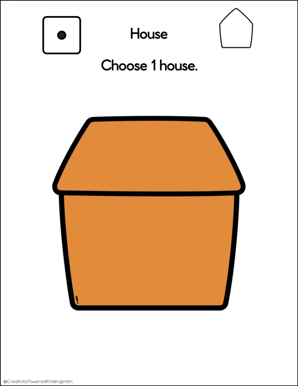 House piece for a roll of 1: 'Choose 1 house.' with a large orange gingerbread house shape with a sloped roof to cut out