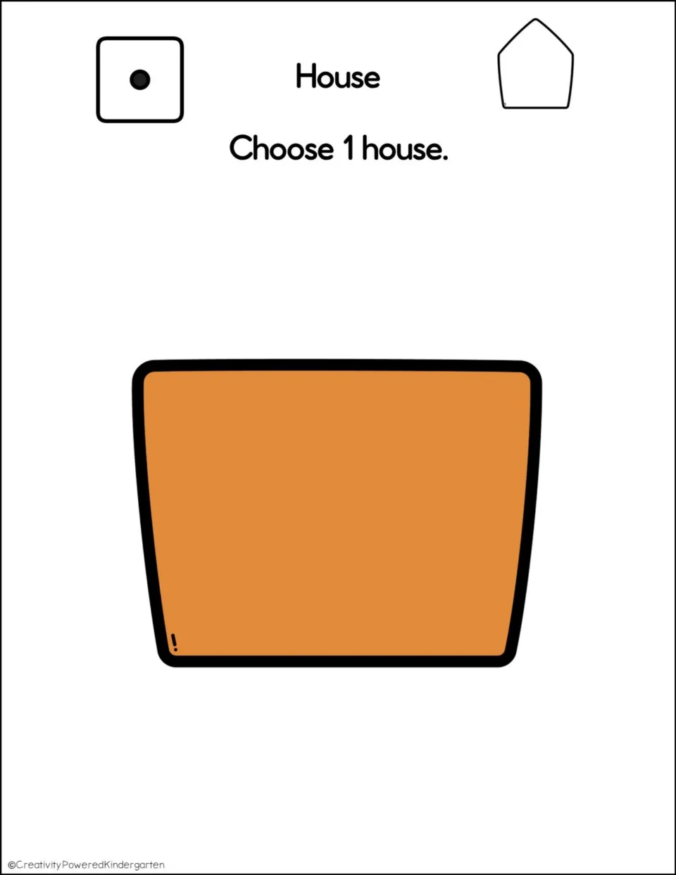 House piece for a roll of 1: 'Choose 1 house.' with a wide orange rectangular gingerbread wall shape to cut out