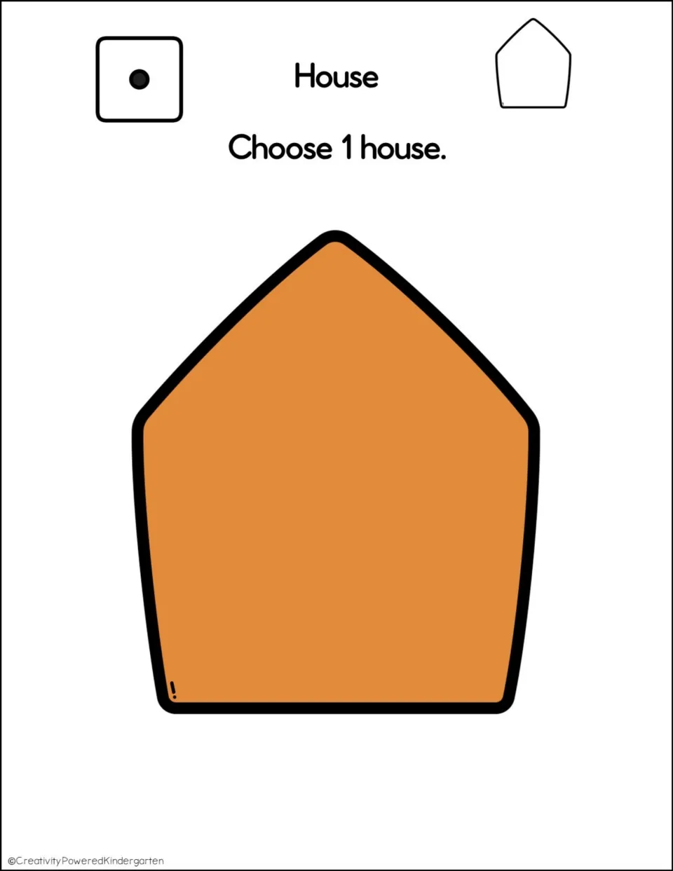 House piece for a roll of 1: 'Choose 1 house.' with a tall orange pointed gingerbread house shape for students to cut out