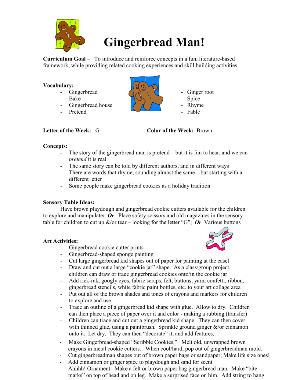 Curriculum introduction lists gingerbread vocabulary, letter G, color brown, sensory ideas, and art activities.