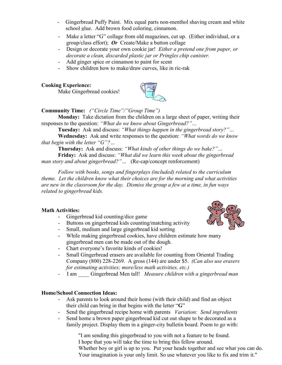 Activity guide continues art ideas and adds cookie baking, weekday circle time, math, and family projects.
