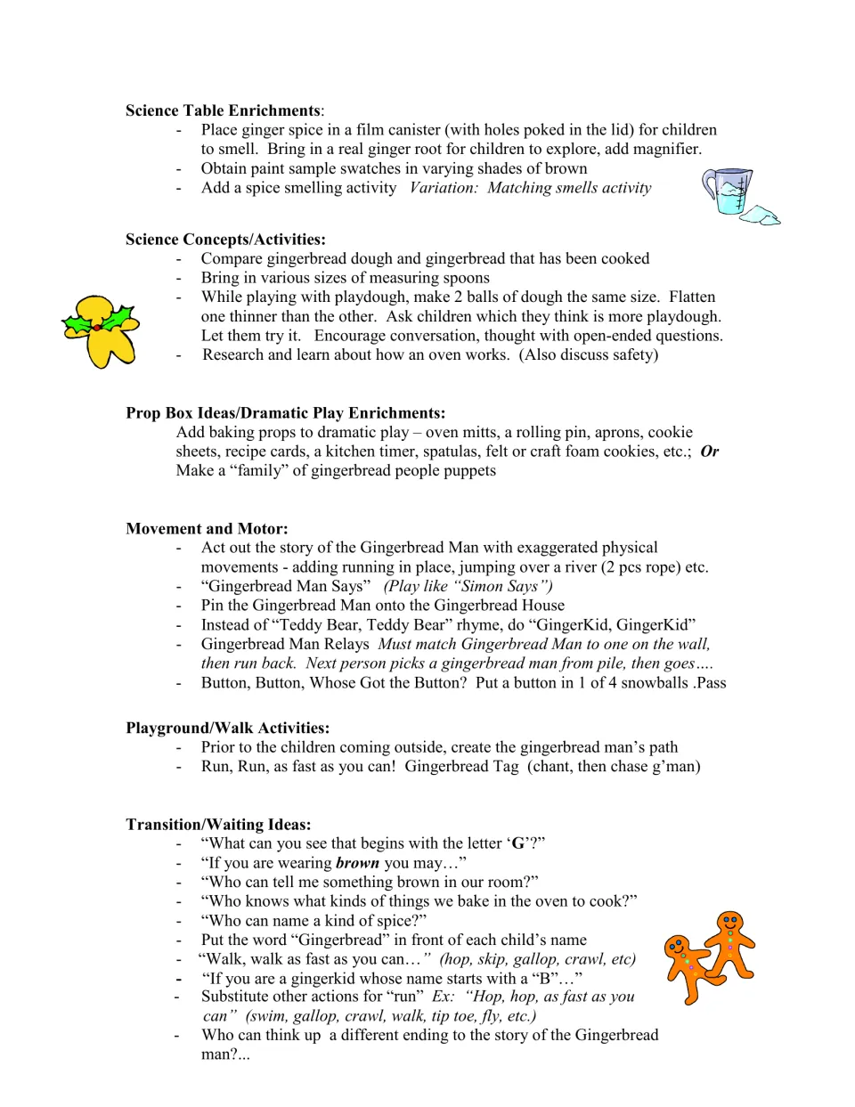 Activity guide covers ginger exploration, dough comparisons, baking props, movement games, and transitions.