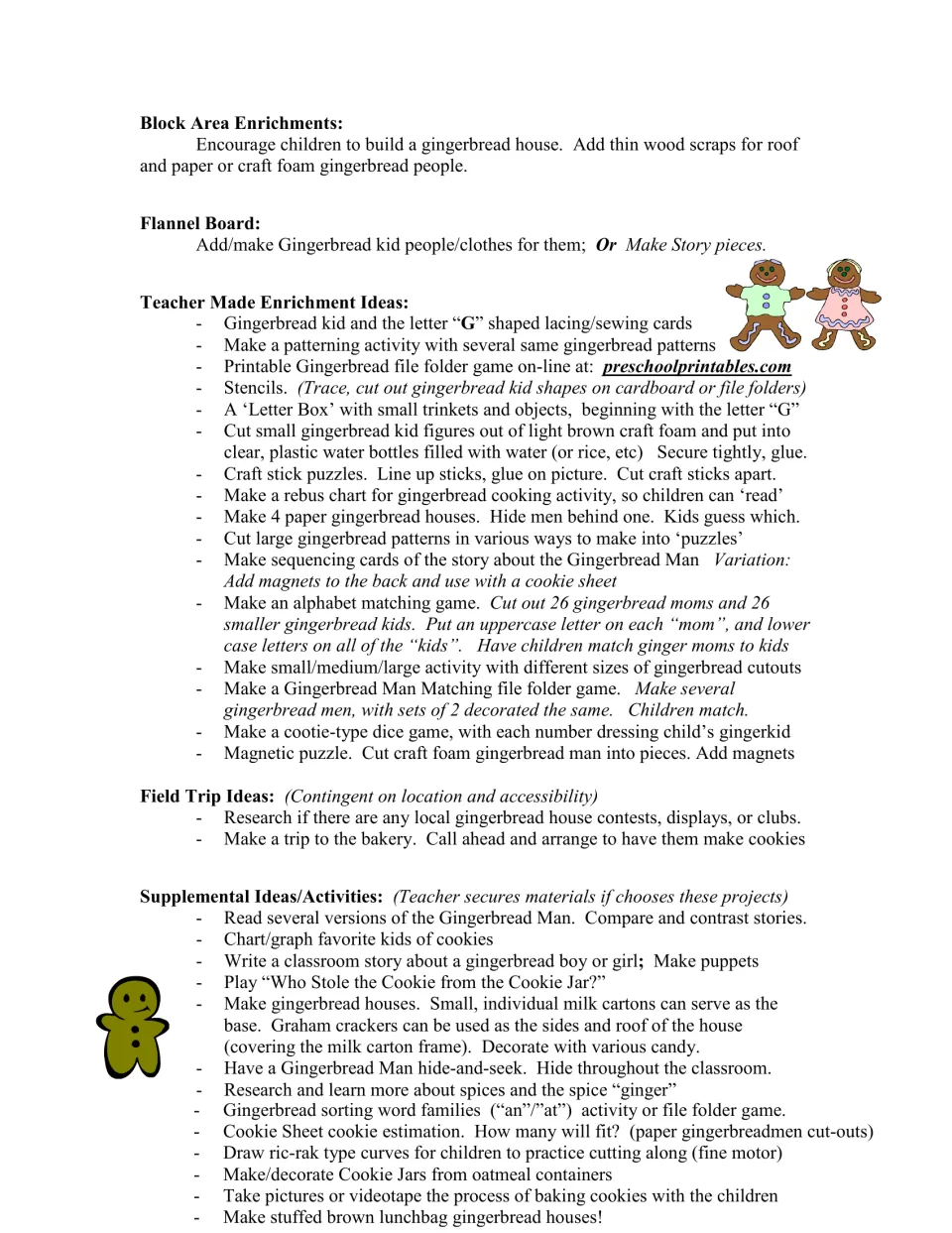 Enrichment guide includes block houses, flannel board pieces, alphabet matching, field trips, and story comparisons.