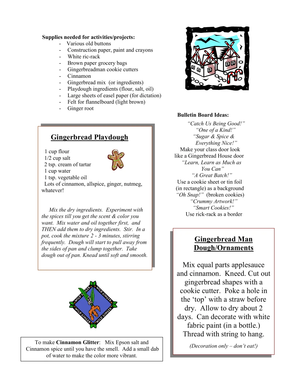 Supply and recipe guide includes gingerbread playdough, cinnamon ornaments, cinnamon glitter, and bulletin ideas.
