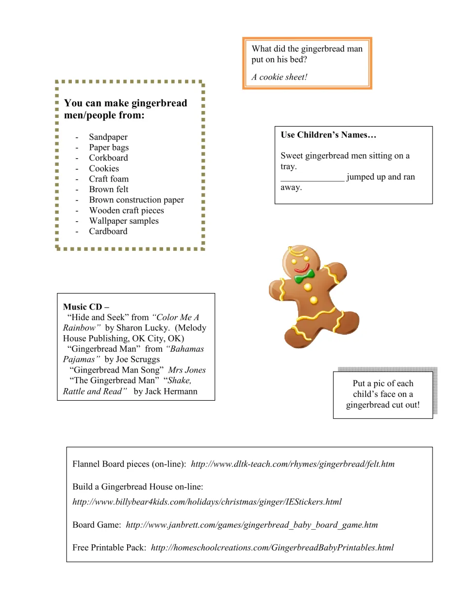 Teacher reference lists gingerbread craft materials, music, online resources, and a rhyme using children’s names.