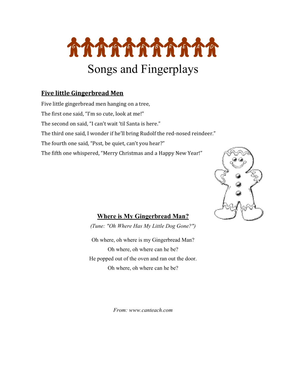 Songs and fingerplays page includes “Five little Gingerbread Men” and “Where is My Gingerbread Man?”